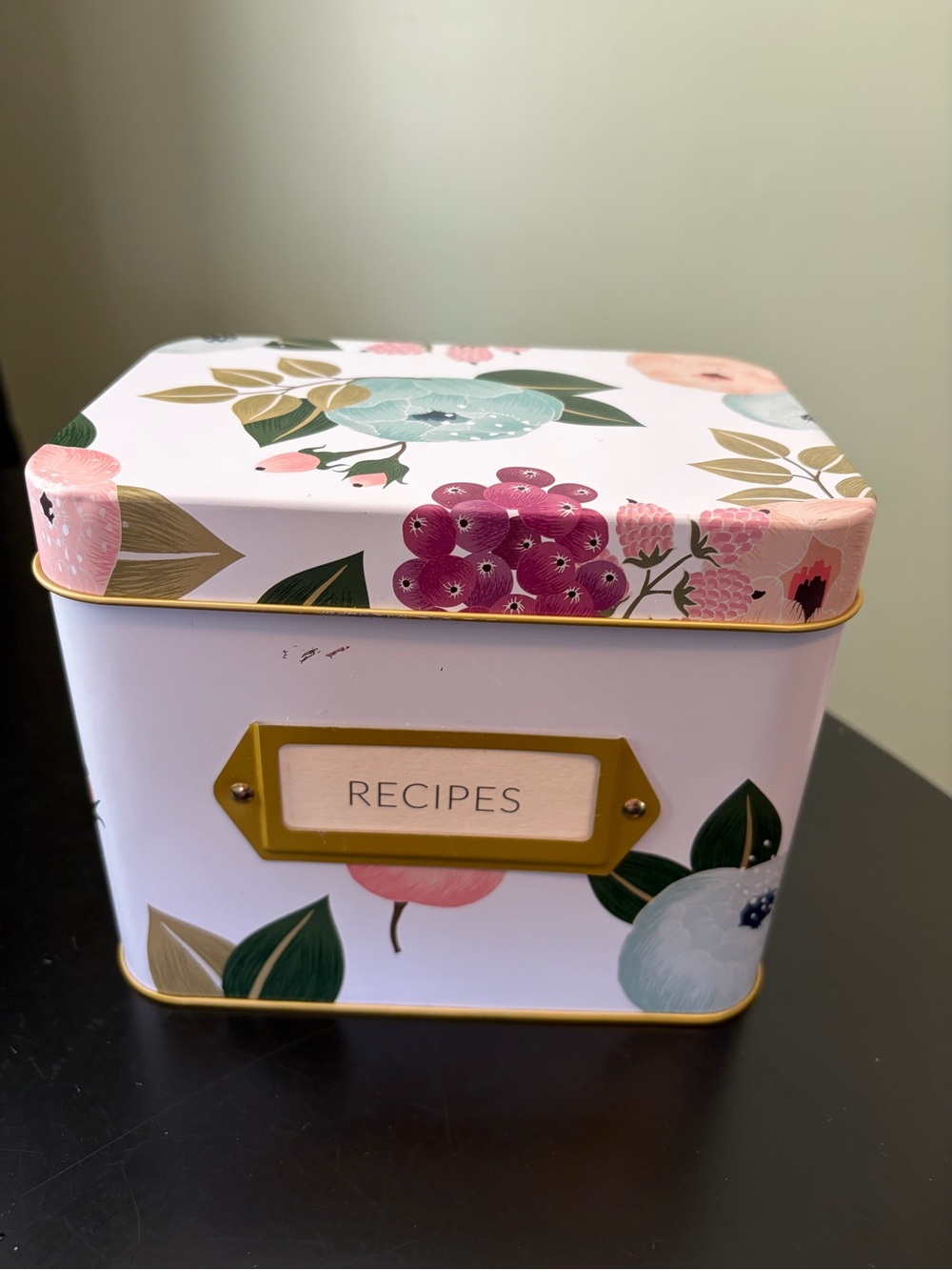 Polite Society Metal Recipe Box with Cards Floral Gold Lid Container